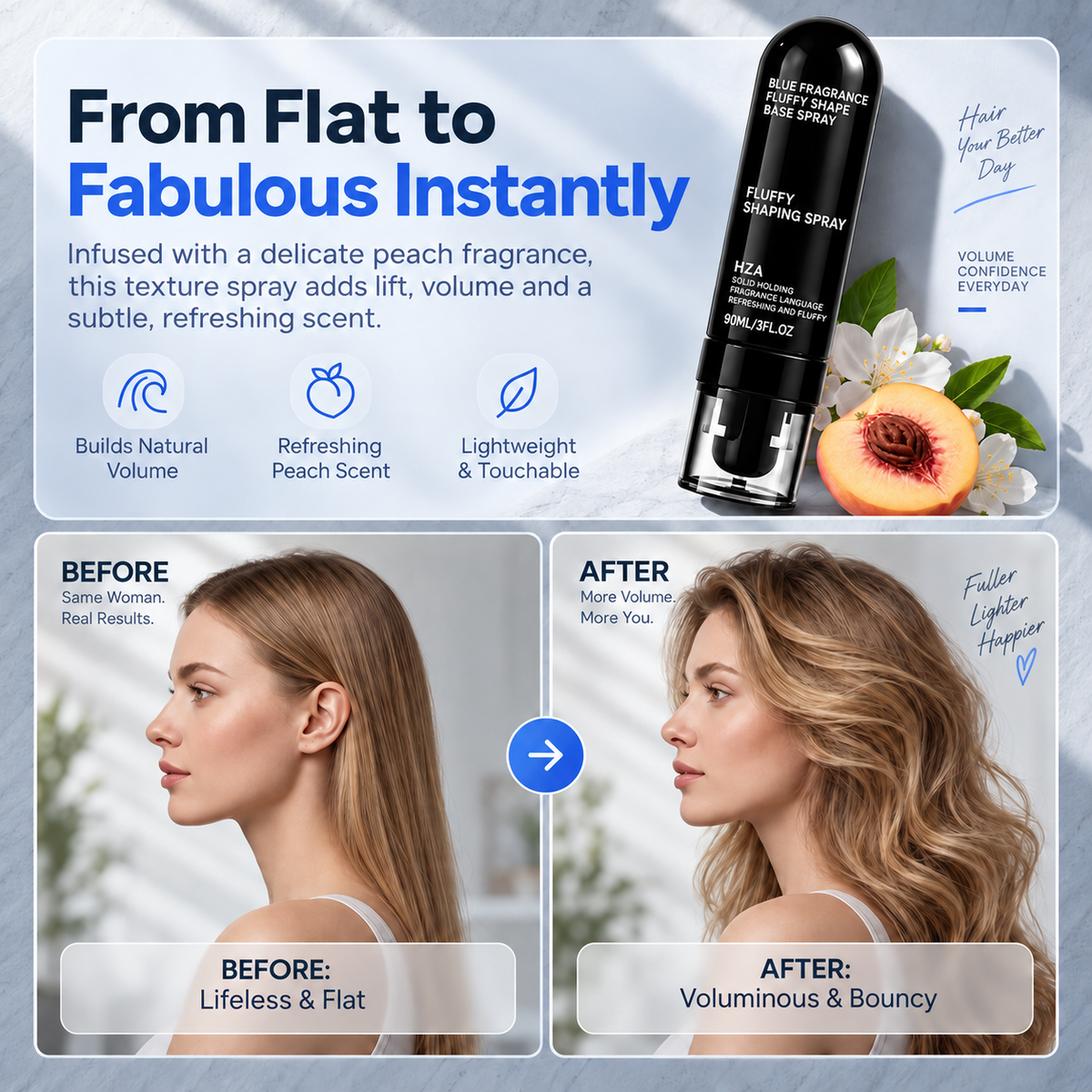 Instant Hair Volume Spray – Transform Flat, Lifeless Hair Into Soft, Fluffy & Full-Looking Hair All Day